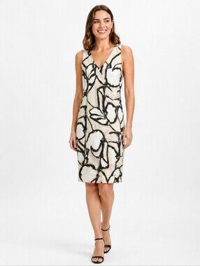 Ann Taylor Black and Cream Abstract Midi Wrap Design Dress Sleeveles Women's 12